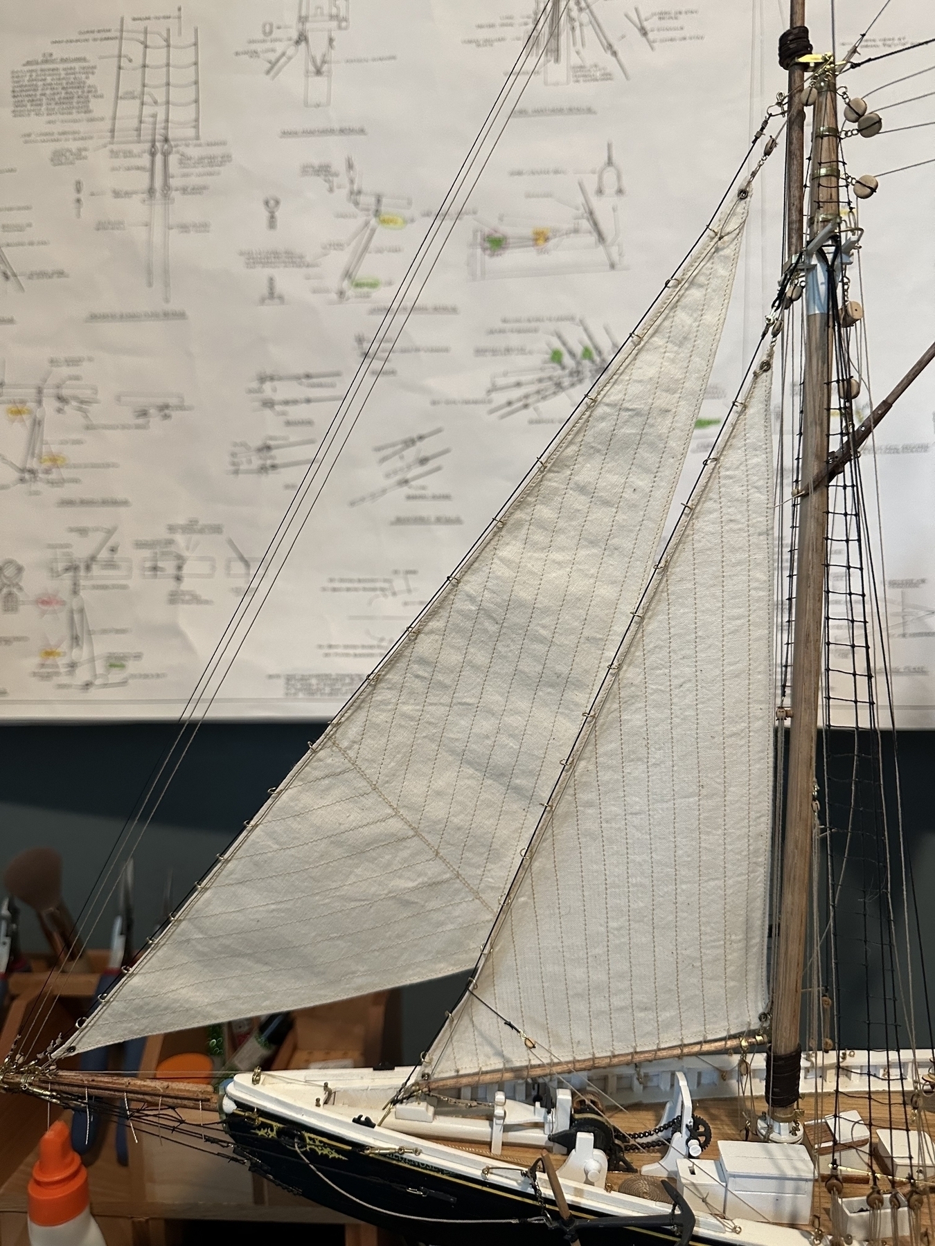 Jib sail on Bluenose model ship