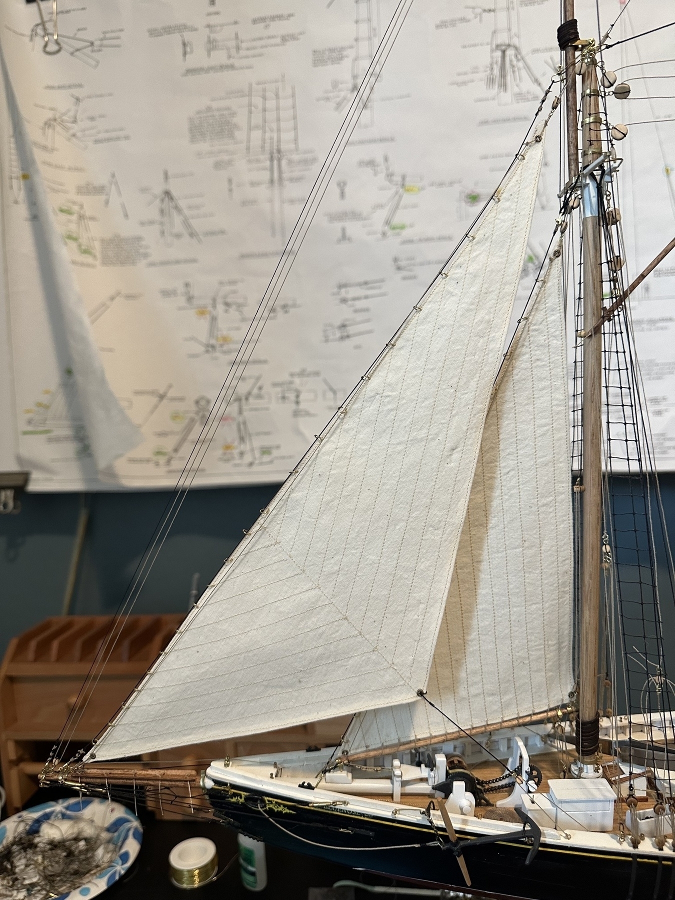 Jib and jumbo jib sails on Bluenose model ship
